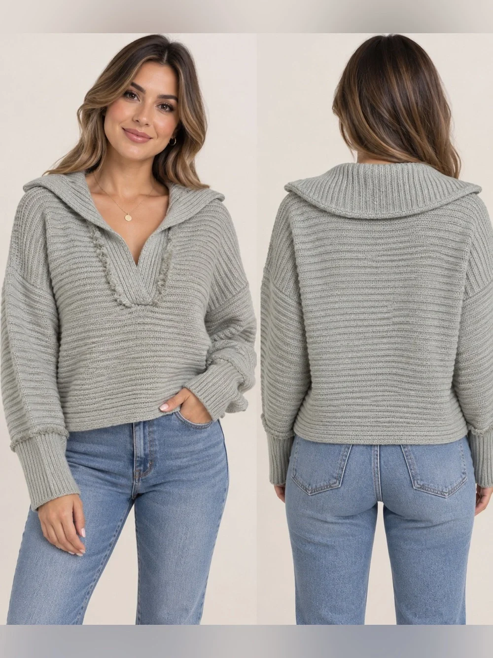 Free People Textured Ribbed V-Collar Sweater - Beige